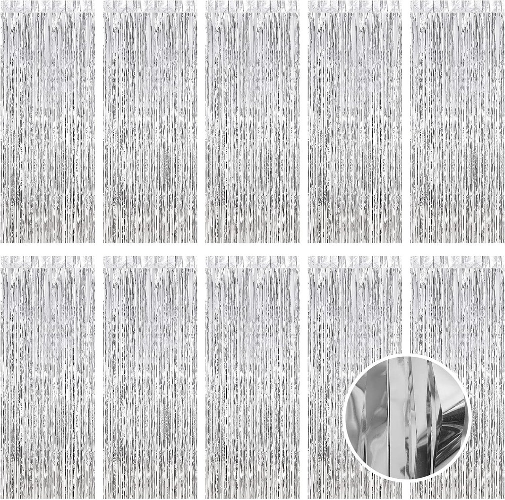 10 Pack Silver Foil Curtain Backdrop 3.2×9.8ft Tinsel Fringe Photo Booth Decor