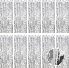 10 Pack Silver Foil Curtain Backdrop 3.2×9.8ft Tinsel Fringe Photo Booth Decor