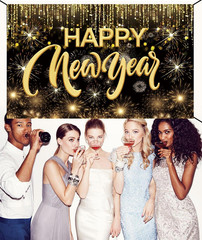 Happy New Year Hanging Extra Large Fabric Sign Poster Background Banner with Fir
