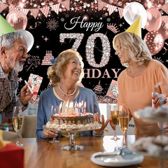 Happy 70Th Birthday Banner for Women Black and Rose Gold Glitter Balloon 70 Birt