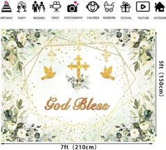 Greenery God Bless Backdrop 7x5ft Baptism Communion Banner Green Gold Decor