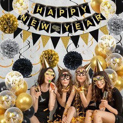 Happy New Years Decorations 2026, Black and Gold New Years Banner, Triangle Flag