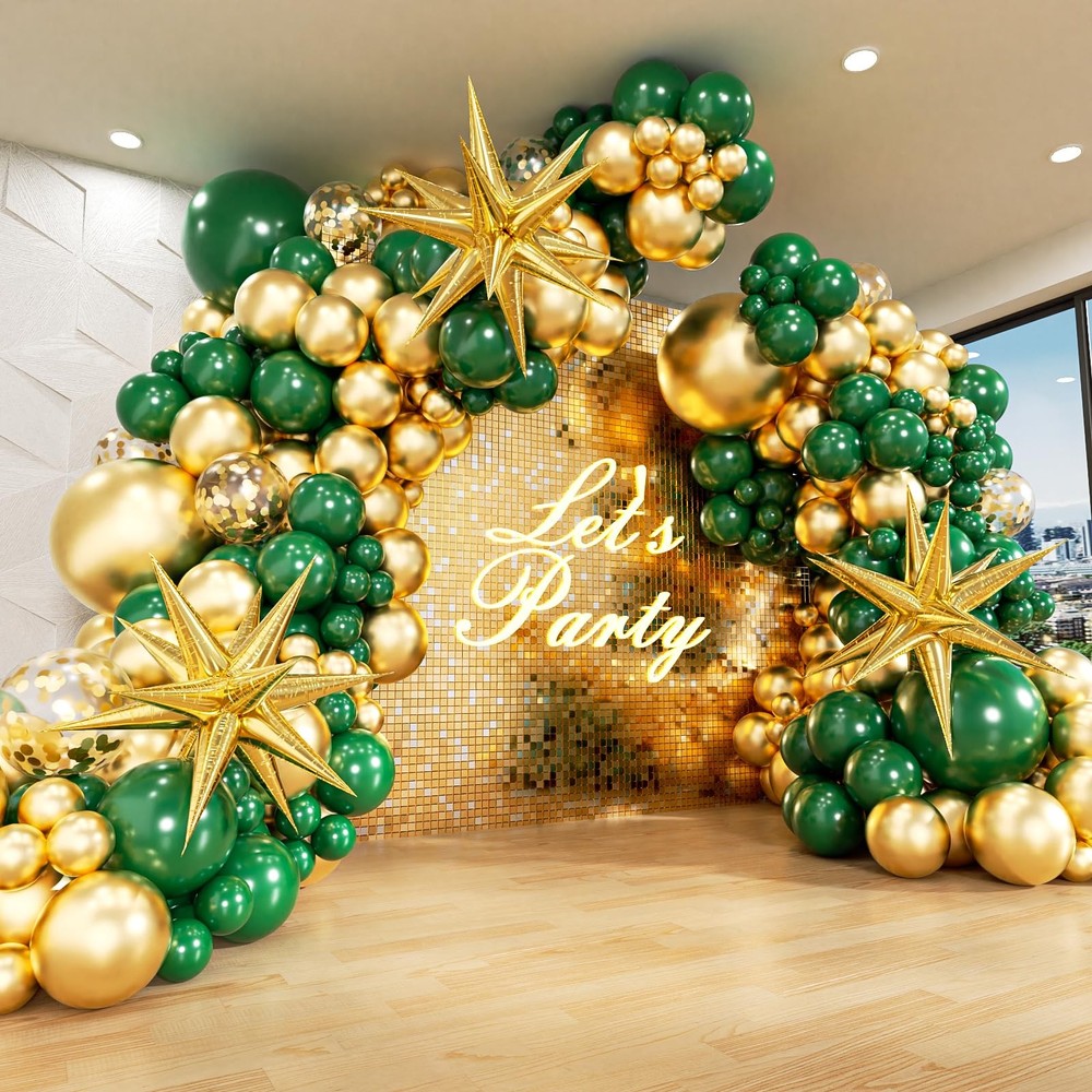Green and Gold Balloon Arch Kit with 3pcs Star Balloon, Emerald Forest Dark G…