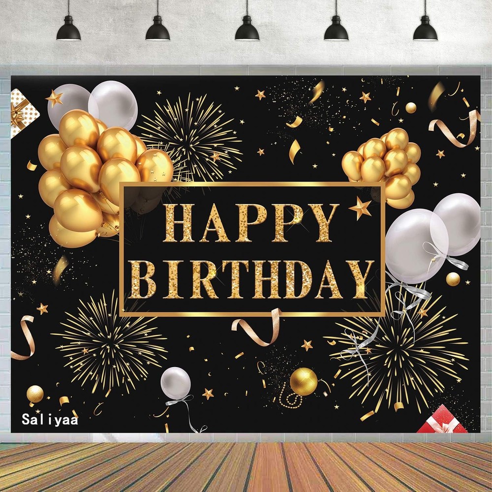 7x5ft Happy Birthday Backdrop Banner, Birthday Party Decor,Black Gold Poster Pho