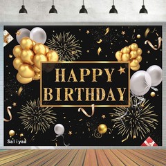 7x5ft Happy Birthday Backdrop Banner, Birthday Party Decor,Black Gold Poster Pho
