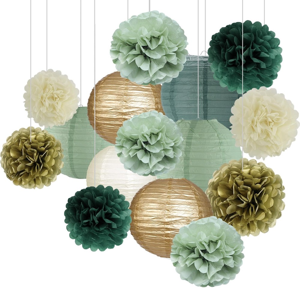 Sage Green Party Decorations, Lanterns and Pom Poms Flowers for Party Baby Sh…