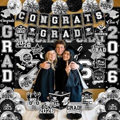 Black and Silver Graduation Decorations 2026 Set, All-In-1 Kit with Congrats Gra