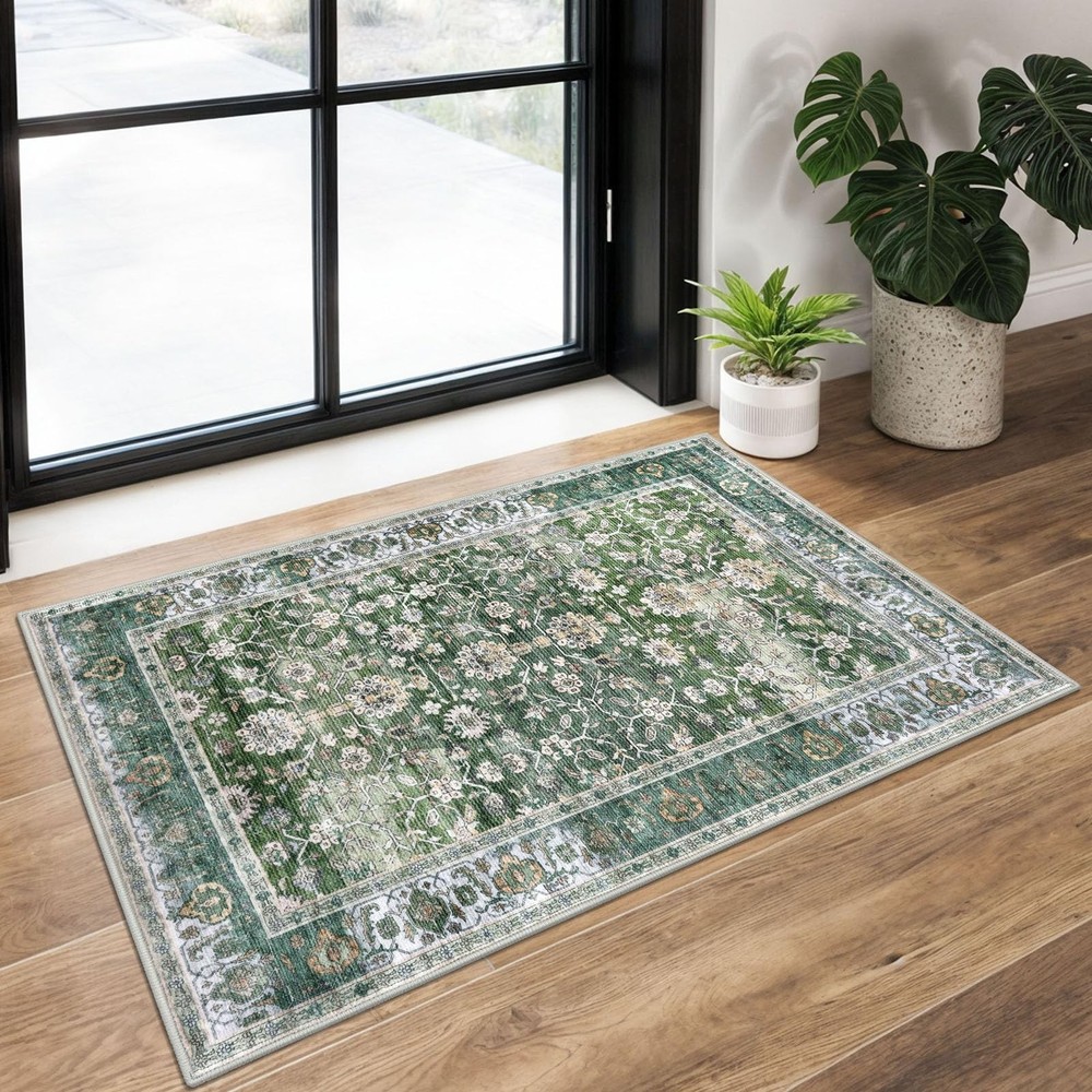 KUTA Vintage Floral Green Entryway Rug 2×3, 2′ x 3′ (Rectangular),