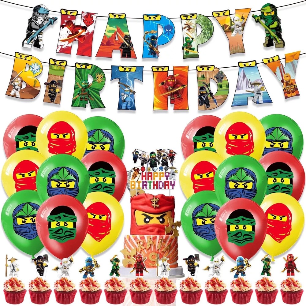 Ninjago Theme Birthday Party Supplies Set Banner Balloon Cake Topper for Kids