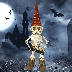 Skeleton Gnome Garden Statue – Skeleton Figurine with Dog Skull & Bones Decor