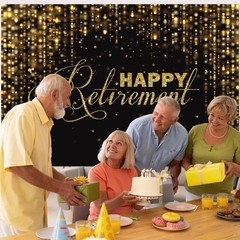 8x6ft Happy Retirement Backdrop – Black & Gold Photo Background for Party Decor