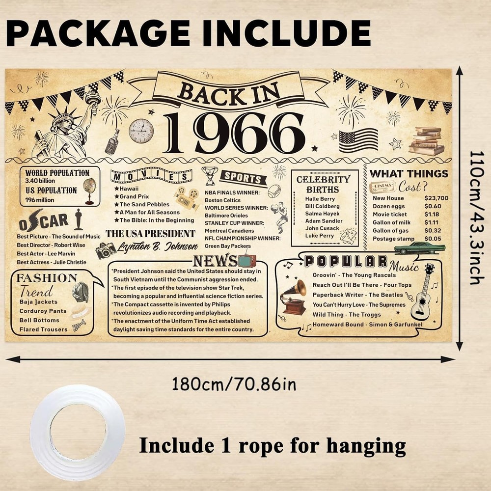60th Birthday Decorations for Men or Women, Vintage 1966 Birthday Banner Party S