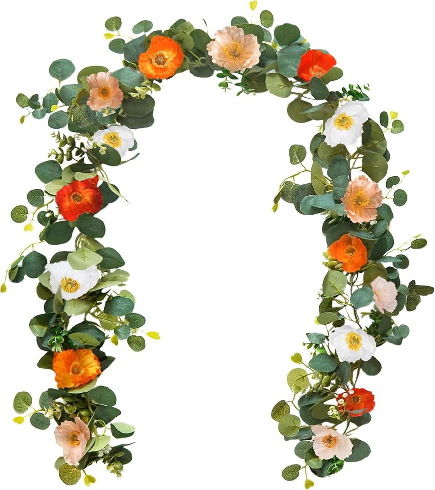 5.74 FT Artificial Poppies Flower Garland, Floral Garland Greenery Vines with