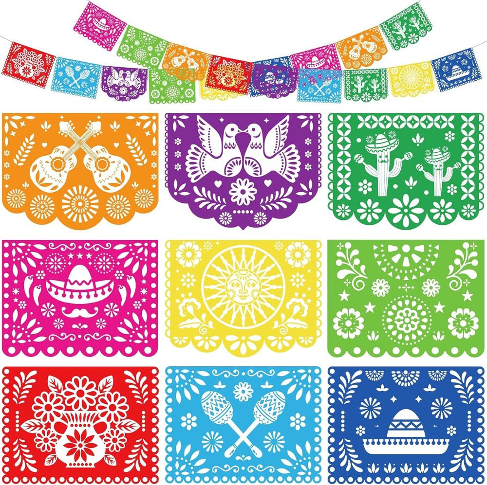 18 FT Cinco De Mayo Party Decorations, Fiesta Banner with 9 Plastic Papel Picado