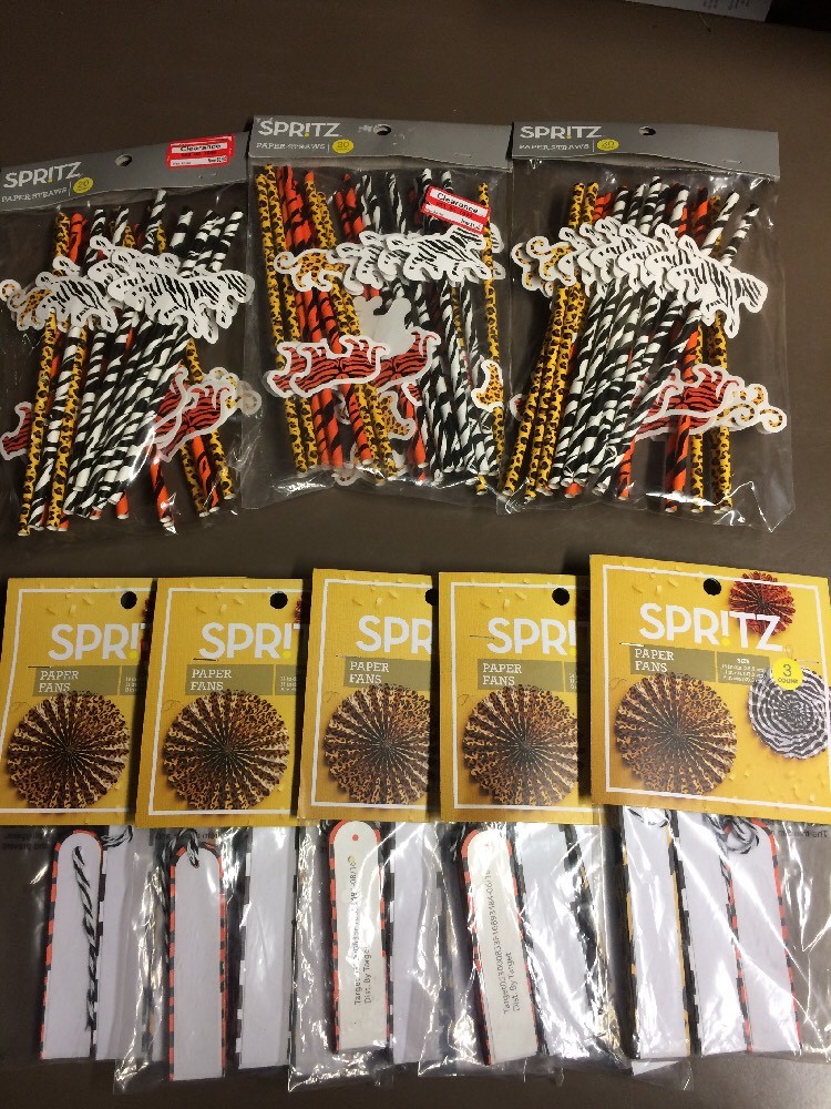 Spritz 3-Count Paper Fans & 20-Paper Straws Animal Print Lot Of 8 Packs Mixed