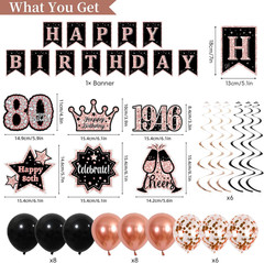 80Th Birthday Decorations for Women, Rose Gold Black Back in 1946 Party Supplies