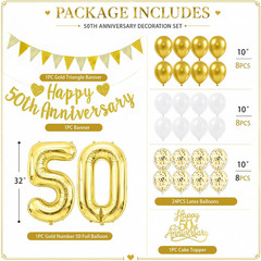 White Gold 50Th Anniversary Decor Set，Gold Glitter Happy 50Th Anniversary Banner