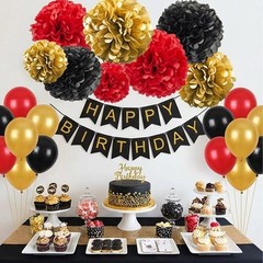 12 PCS Black Red Gold Tissue Paper Pom Poms Hanging Ceiling Flowers Party Decor