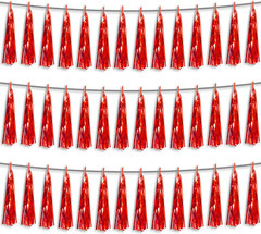 3P Red Foil Fringe Metallic Tassel Streamers Banner Tassel Garland for Parade Fl
