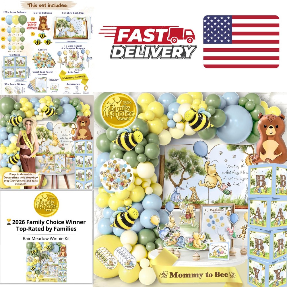 269 Piece Winnie Bear Baby Shower Decorations Kit with Balloon Arch and Backdrop