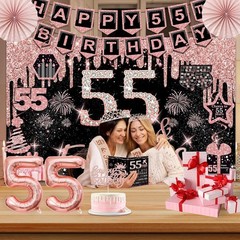 Black Rose Gold 55th Birthday Party Decorations 32PCS Cake Topper Balloons Sash