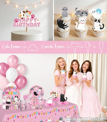 213Pcs Cat Birthday Decorations, Complete Paper Tableware Set Includes 350Gsm Pl