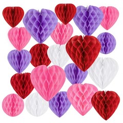 21Pcs Valentines Party Heart Decorations – Red Pink White Purple Paper Honeyc…