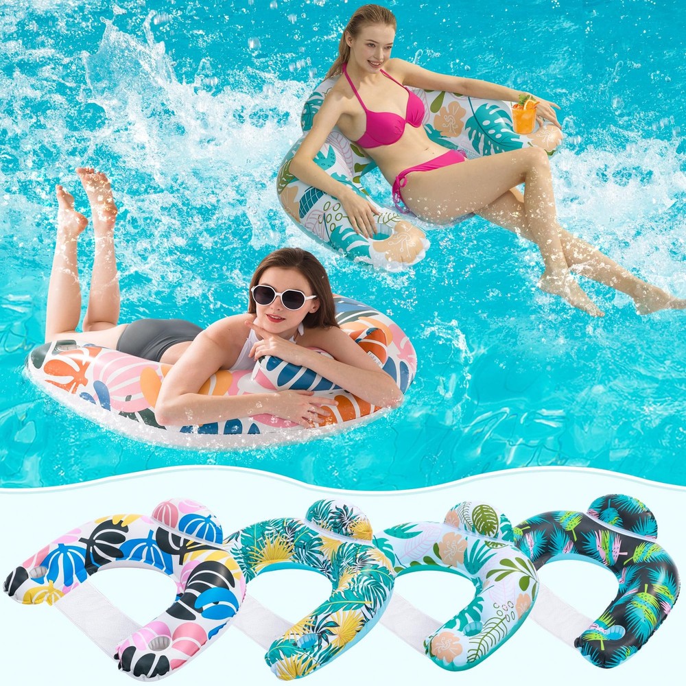 4 Pack Pool Floats Adult,Pool Floaties for Adults with Two Cup Holders Inflat…