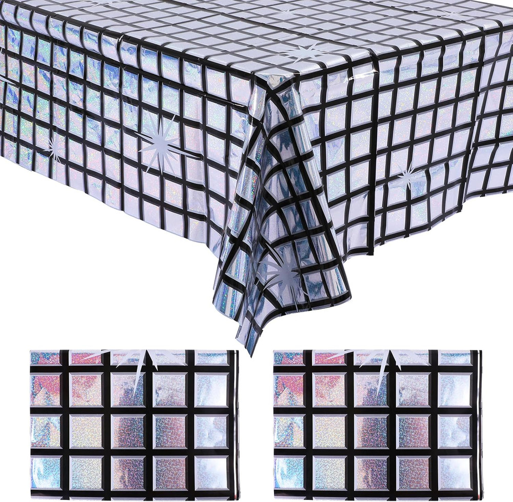 2 Pack Disco Tablecloth Party Decorations, Holographic Silver Glitter Plastic Ta