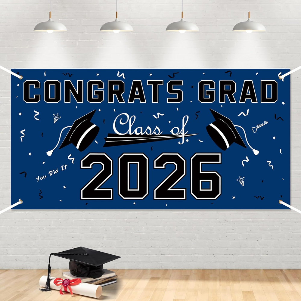 Graduation Decorations 2026 2027 – Blue Polyester Graduation Backdrop – Graduati