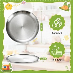6-Piece Stainless Steel Plates, 7.8in Metal 304 Dinner 7.8 inches, Silver