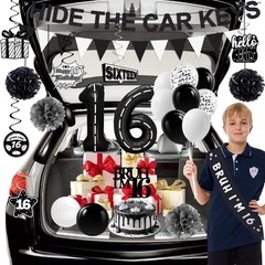Happy 16th Birthday Decorations for Boys Girls, Black and Silver