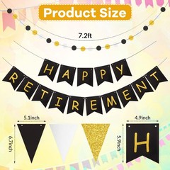 Happy Retirement Banner, Black and Gold 4.9 x 5.9 inches, gold