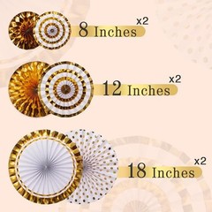 Paper Fan Decorating Kit, 6 Pack Hanging Paper Fans, 8″, 12″ and 18″ Golden Age