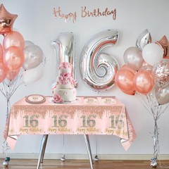 Rose Gold 16th Birthday Party Kit, Sweet 16 Plate Napkins Tablecloth Decor, Pink