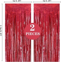 Vibrant 2 Pack Red Foil Tinsel Curtains 3.2ft x 8.2ft for Festive Backdrops