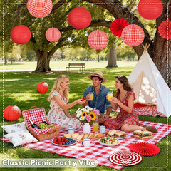 15 Pcs Red Gingham Party Decorations, 12 Inch Hanging Paper Lanterns and Fans fo