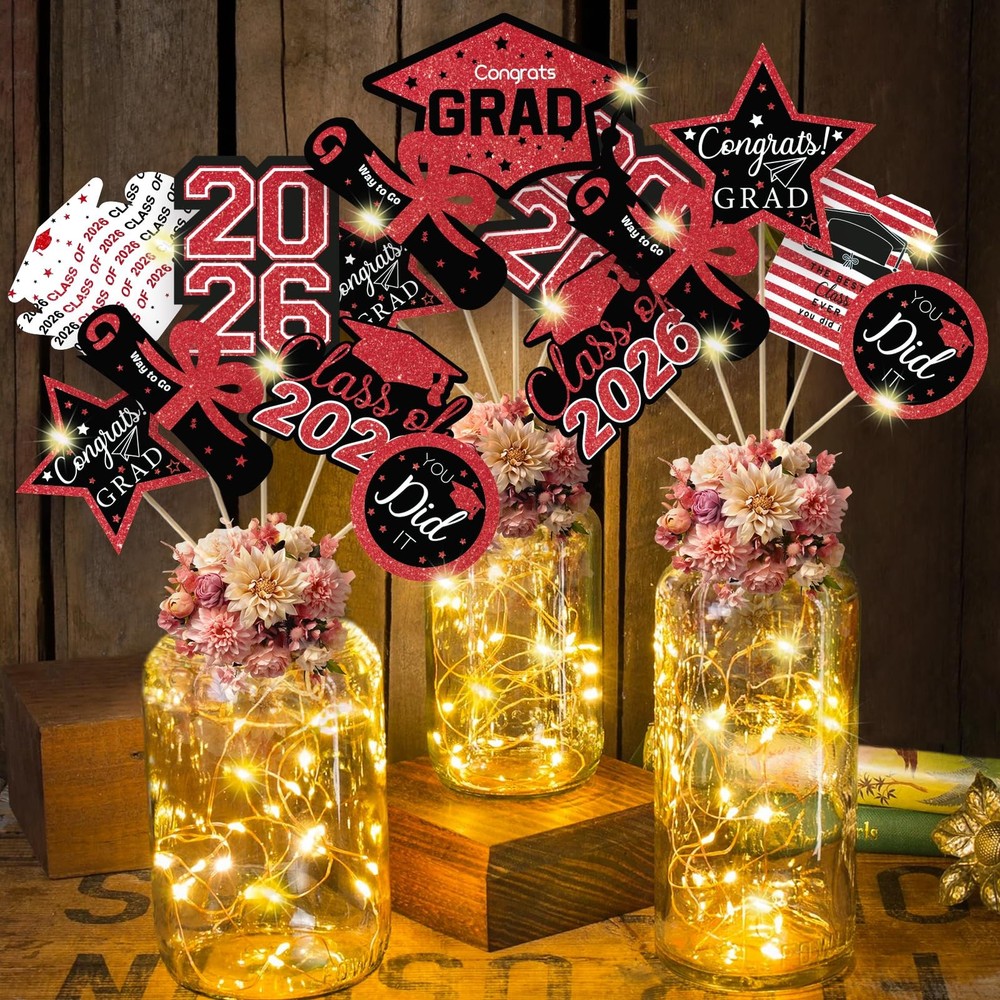 30 PCS Graduation Decorations Class Of 2026 Red Black Centerpieces Lights