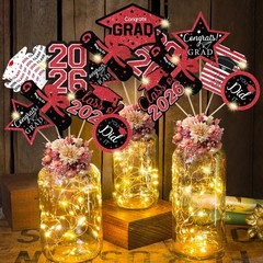 30 PCS Graduation Decorations Class Of 2026 Red Black Centerpieces Lights