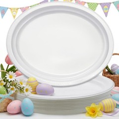 25 Count White Plastic Plates – Oval White Disposable Plates for Birthday, BB…
