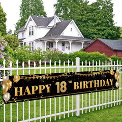Large Happy 18Th Birthday Decoration Banner, Black and Gold Happy 18Th Birthday