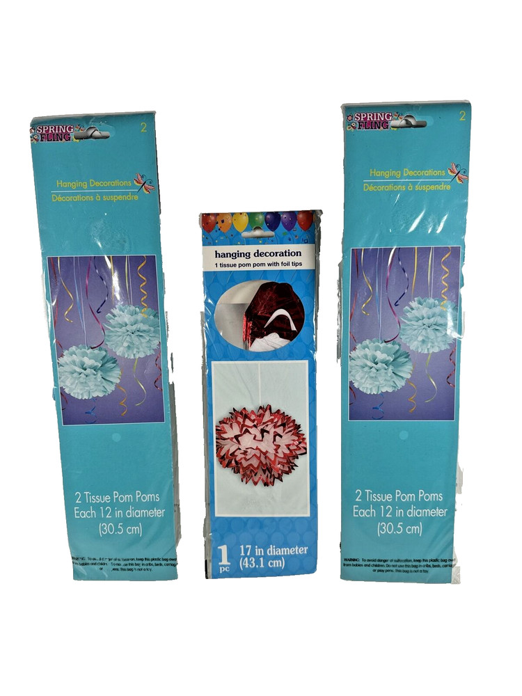 NEW 3 Hanging Tissue Decoration Pom Poms 2x 12” Aqua Blue 2pks 1x 17″ White/Red