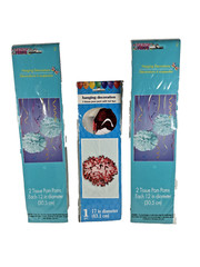 NEW 3 Hanging Tissue Decoration Pom Poms 2x 12” Aqua Blue 2pks 1x 17″ White/Red