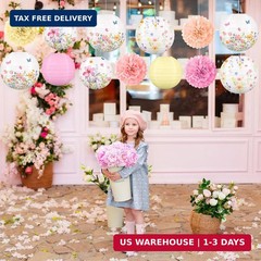 Renbuzhu 13PCS Spring Wildflower Party Decorations Hanging Paper Lanterns Pom Po