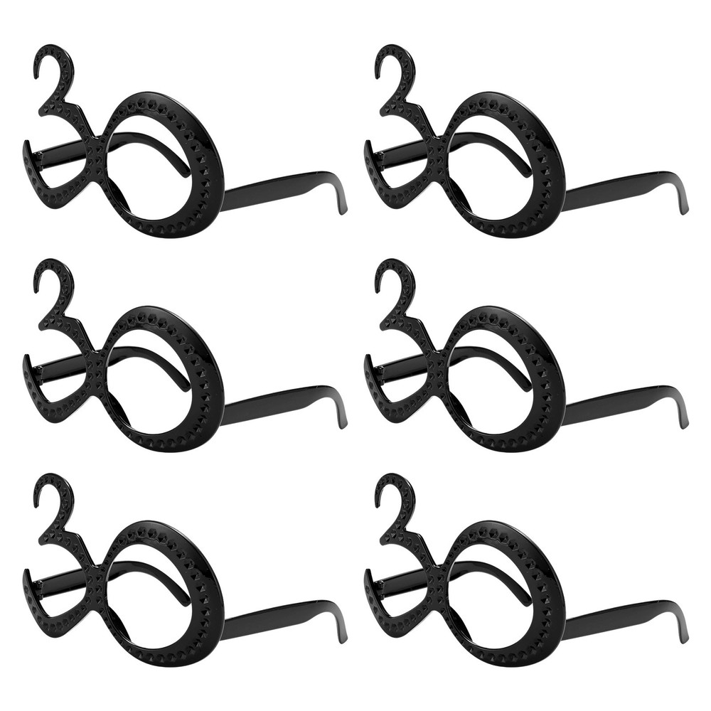 6-Pack Birthday Glasses with Rhinestones, 30th Photo Booth Props [Black]