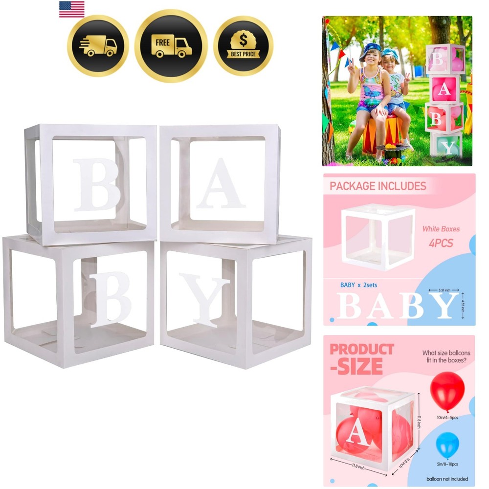 Baby Boxes with 4 PCS Letters for Baby Shower White Clear Balloon Box Blocks …