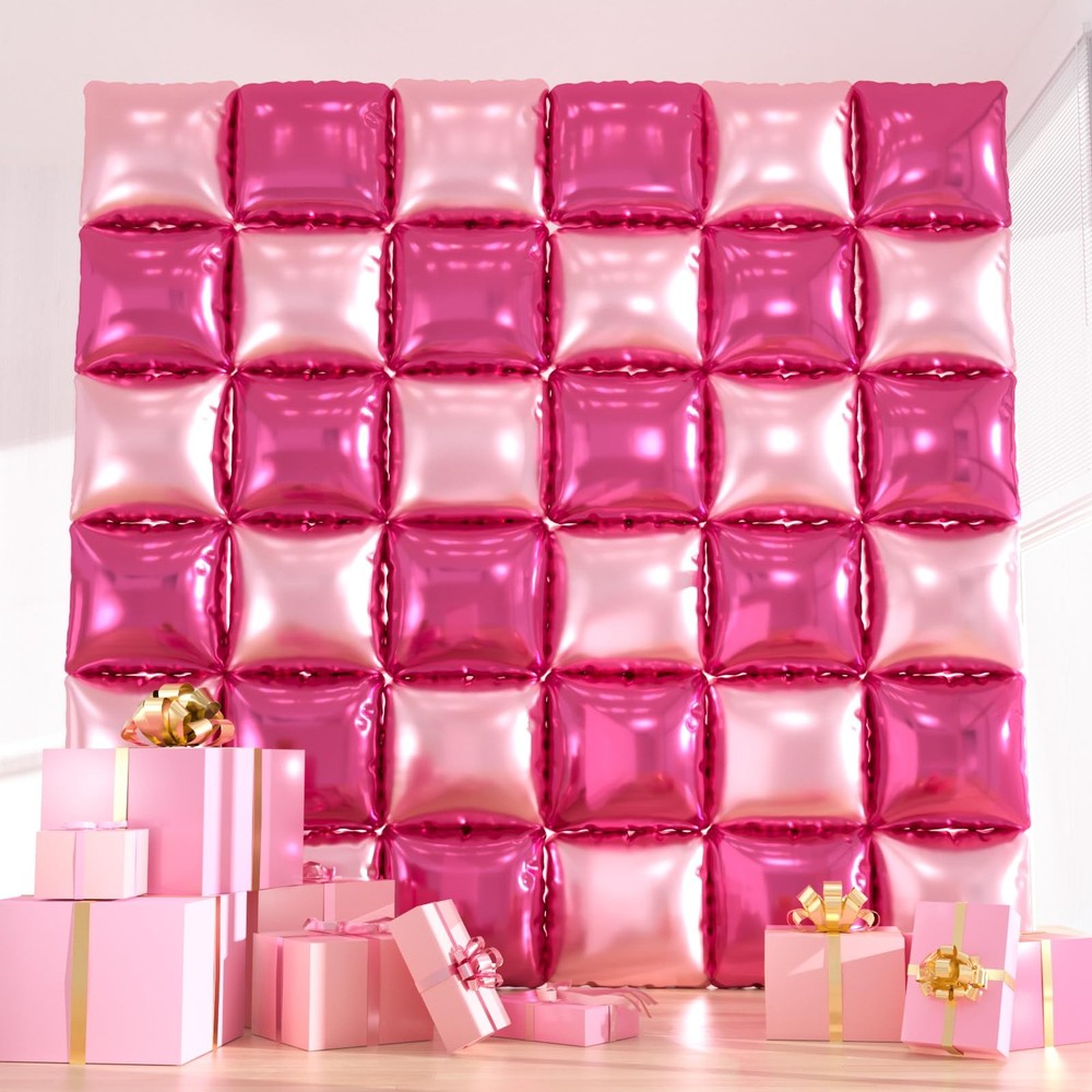 36pcs Hot Pink Square Foil Balloons Wall Backdrop, Double Sided Magenta Mylar…