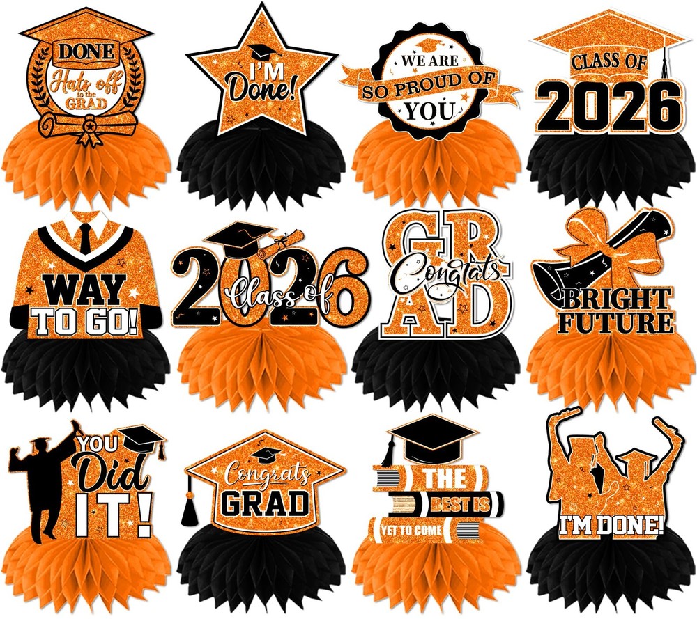 12 PCS Orange Black Class of 2026 Graduation Table Honeycomb Centerpieces
