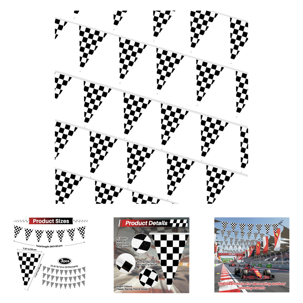 Kids Race Car Banner Set, Checkered Flag Pennant Banners, 98 Feet, Black and