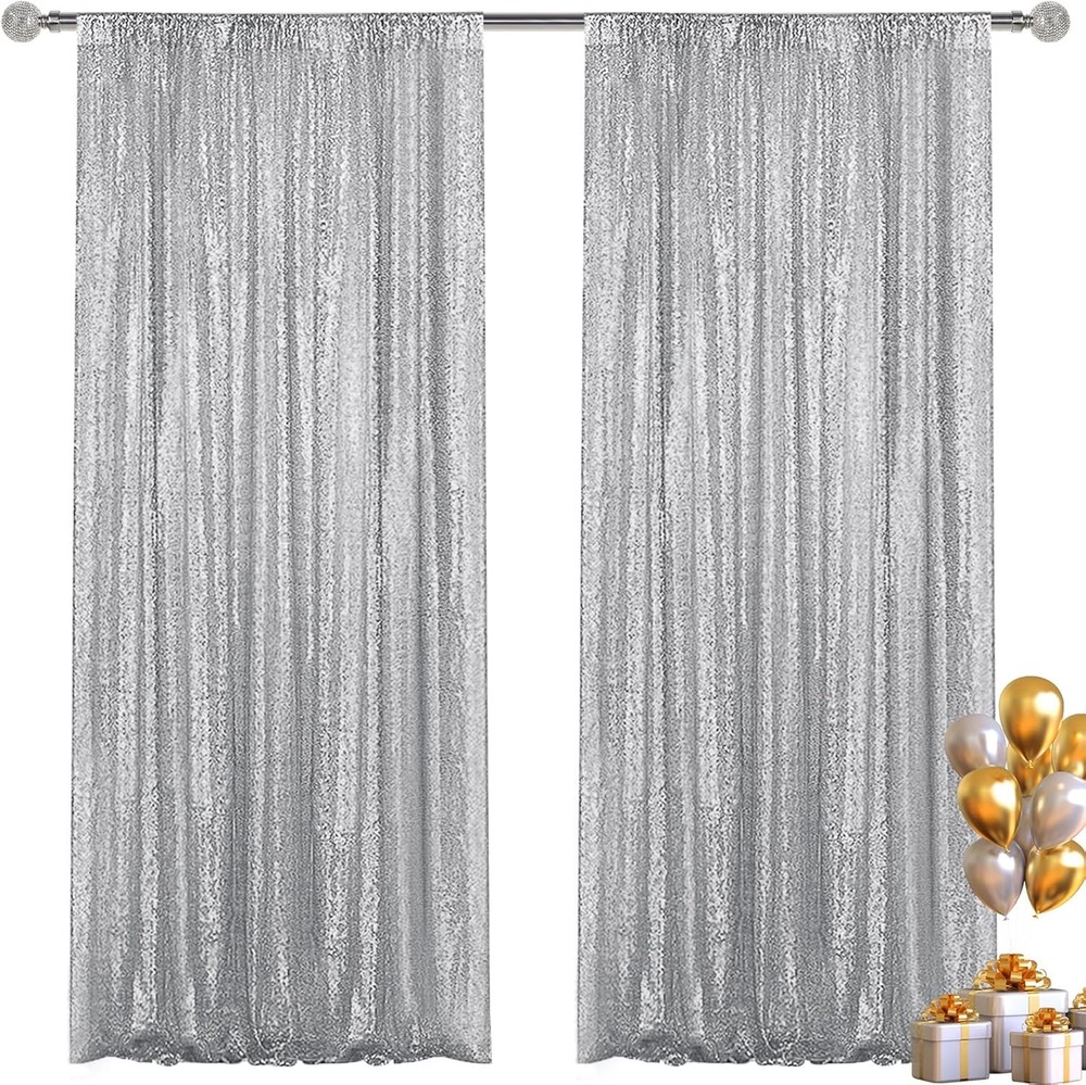 Silver Sequin Backdrop Curtain 2 Pieces 2FTx8FT Glitter Photography Backdrop for